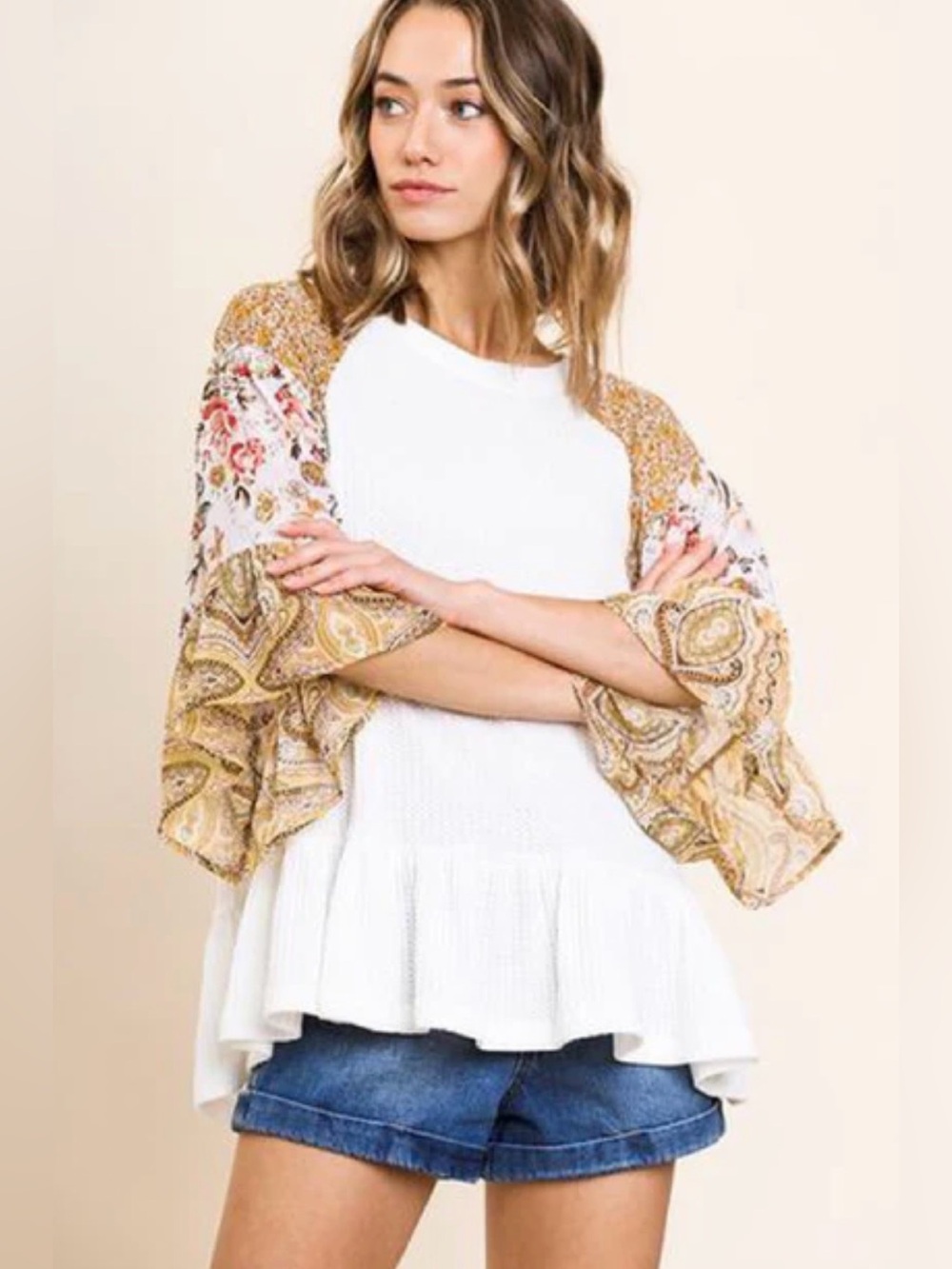Umgee Mixed Print Floral Paisley Ruffle Sleeve Babydoll Top Blouse Small